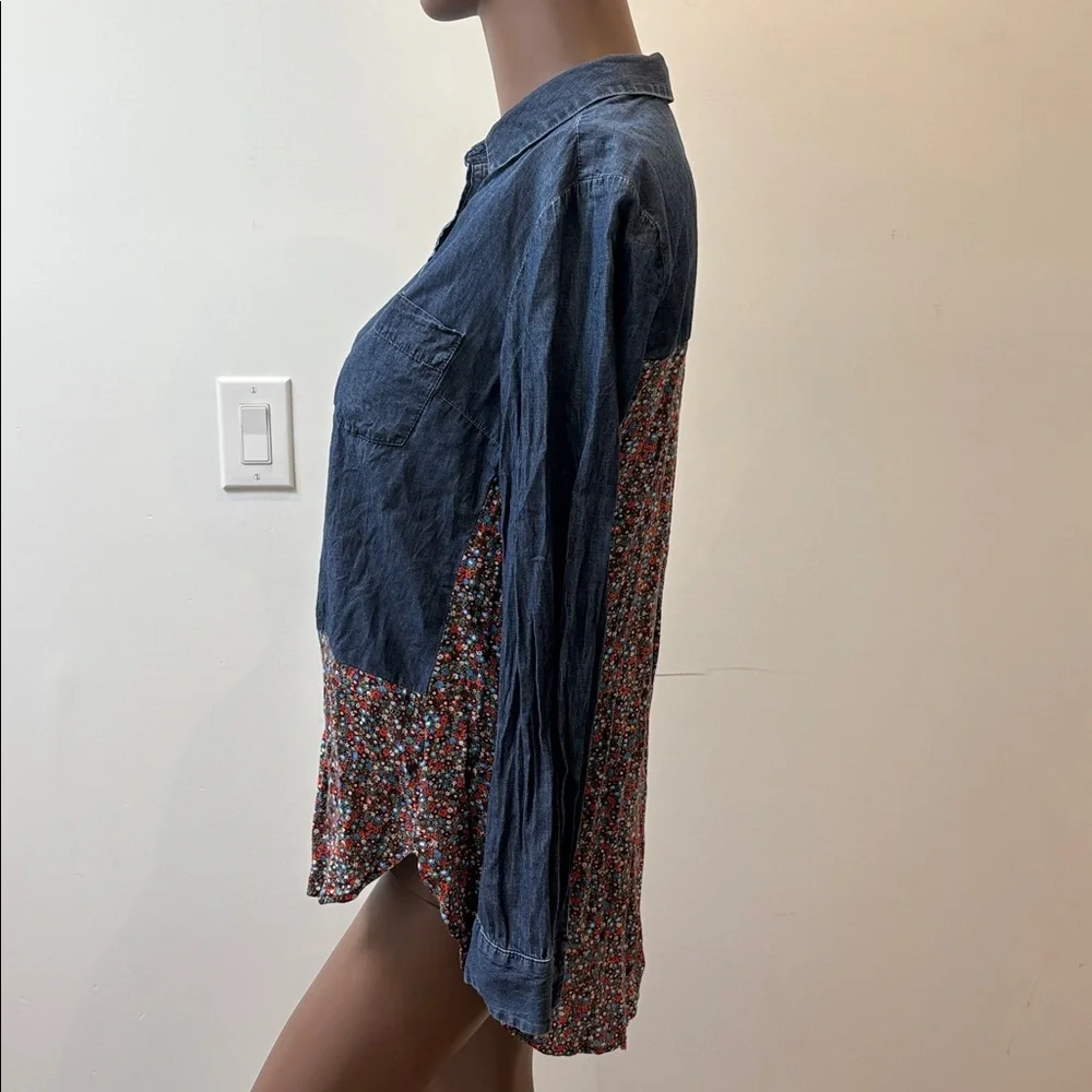 Anthropologie Postage Stamp chambray floral denim button down shirt longsleeve 4 - Picture 6 of 11